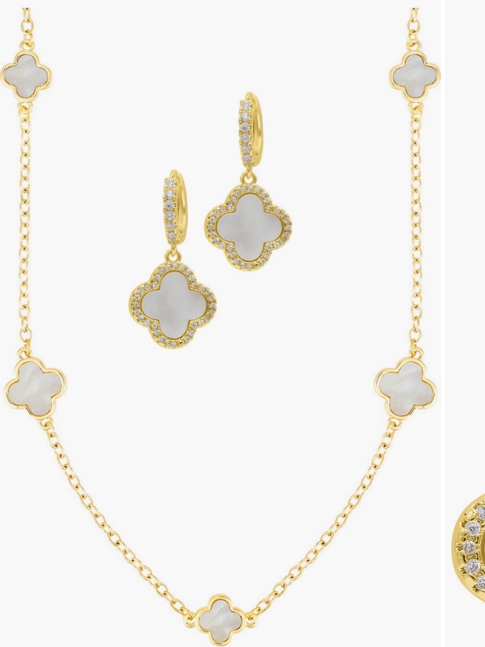 Gold and White Mother-of-Pearl Clover Necklace & Earrings Set